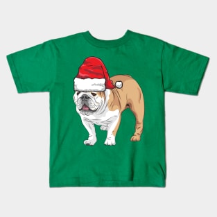Santa Hat-Wearing Cute Bulldog Funny Christmas Holiday Kids T-Shirt